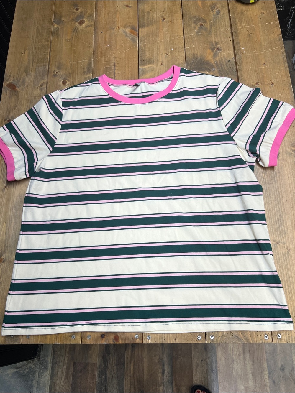 Striped Short Sleeve Tee with Pink Trim - Women